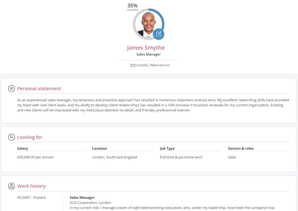 Candidate Profile on Job Board